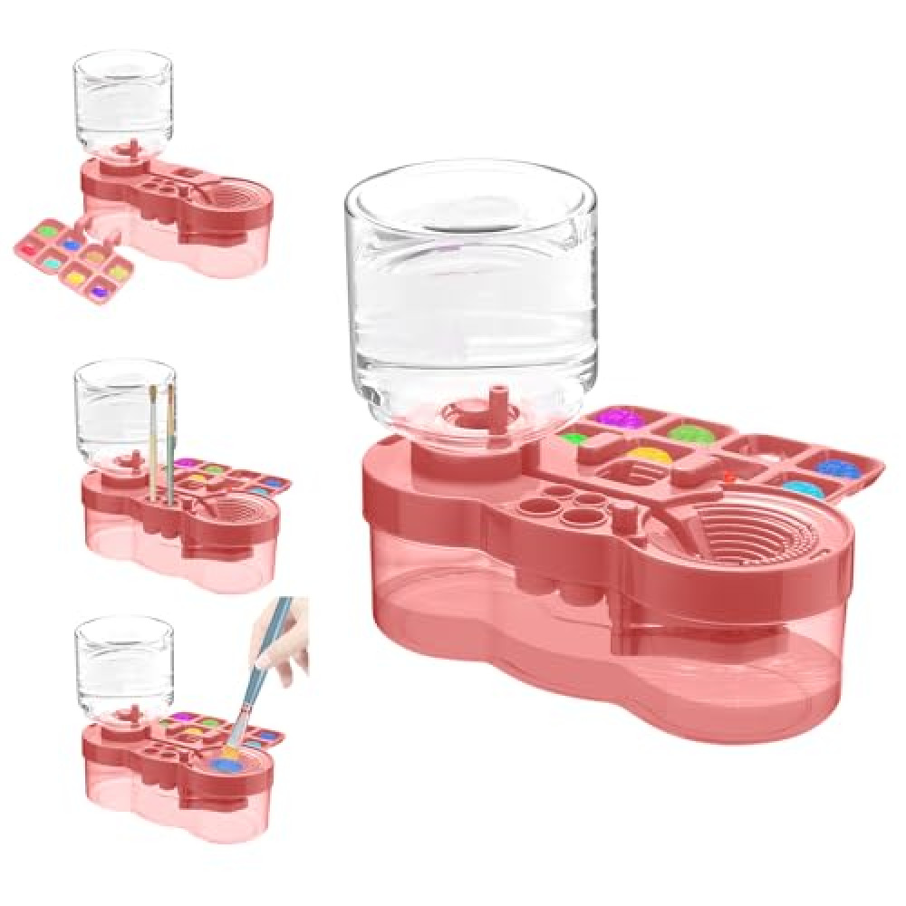 Paint Brush Cleaner with Paint Tray, 2025 Upgraded 3-in-1 Water Circulation Rinser Paintbrush Cleaner with Drain and Brush Holder, Painting Supplies for Acrylic, Watercolor, Water Based Paints Pink