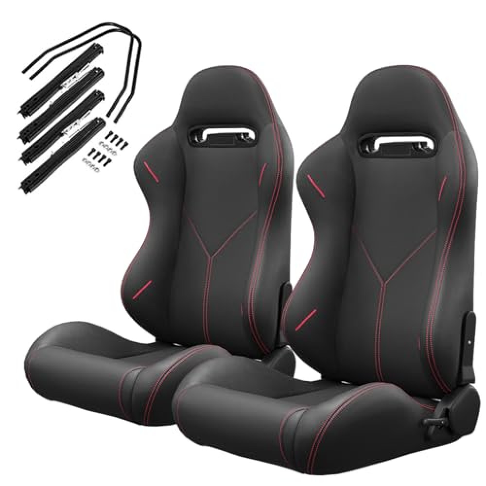 Pair of Universal Racing Seats, PVC Leather, Racing Bucket Seats with Dual Sliders, Reclinable for Driver and Passenger Side (VR007)