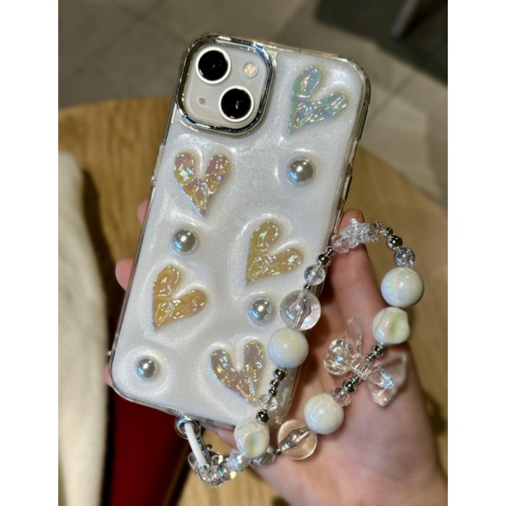 Paladyum Case Apple iPhone 13 Uyumlu Lux Işıltılı Inci Charmlı Kalpli Kılıf - Beyaz Cep Telefonu Kılıfı Fiyatı