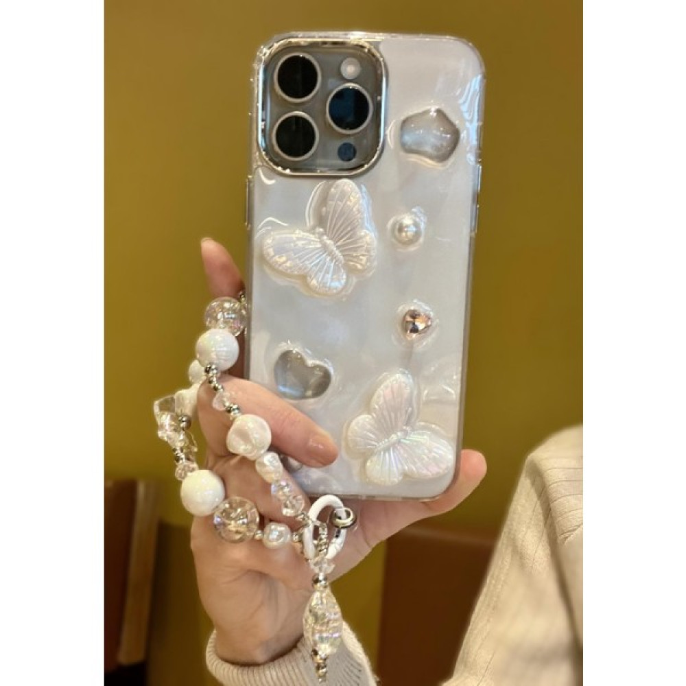Paladyum Case Apple iPhone 14 Promax Uyumlu Lux Işıltılı Inci Charmlı Kelebekli Kılıf - iPhone 14 Pro Max - Beyaz Cep Telefonu Kılıfı Fiyatı