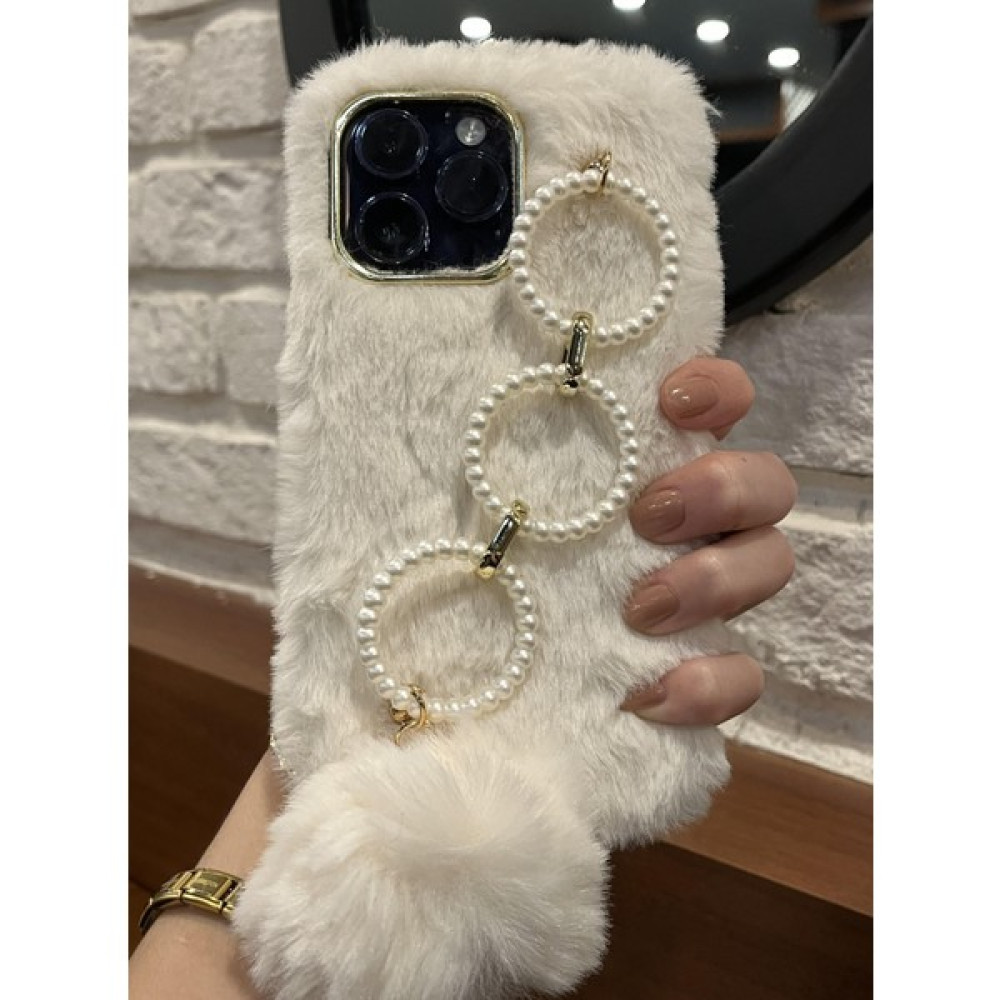 Paladyum Case Apple iPhone 15 Promax Uyumlu Beyaz Ponponlu Peluş Kılıf - iPhone 15 Pro Max Cep Telefonu Kılıfı Fiyatı