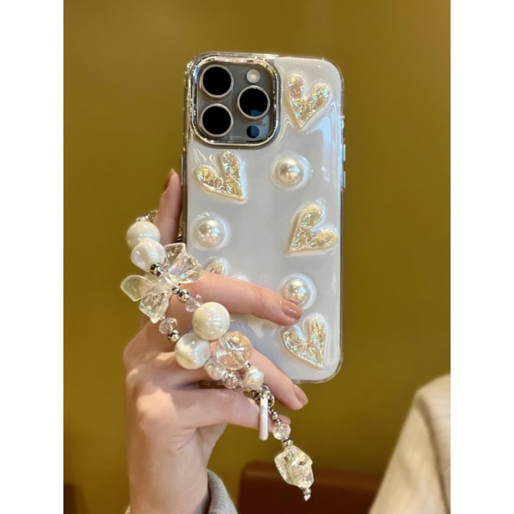 Paladyum Case Apple iPhone 15 Promax Uyumlu Lux Işıltılı Inci Charmlı Kalpli Kılıf - iPhone 15 Pro Max - Beyaz Cep Telefonu Kılıfı Fiyatı