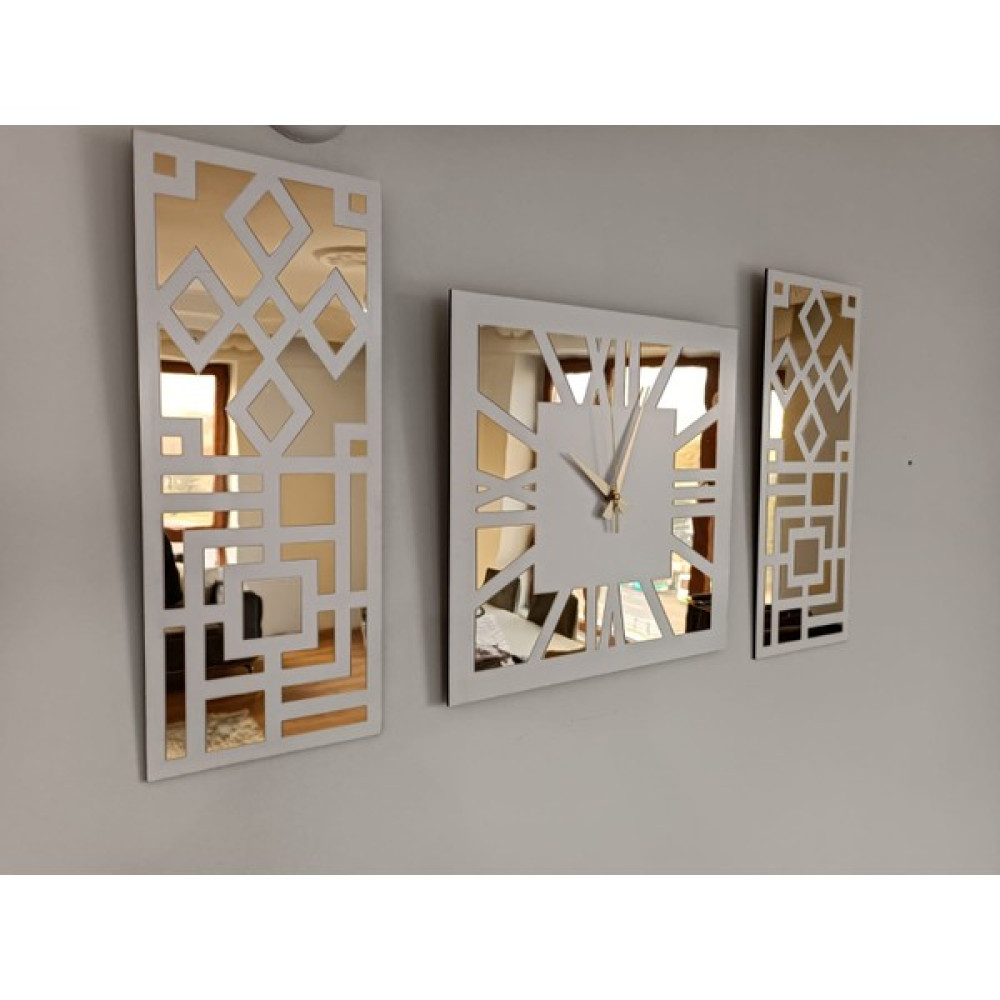 Palm Decor Roma Rakamlı Modern & Şık Tasarım Beyaz Mdf Üzeri Gold Renk Aynalı Pleksi 3lü Duvar Saat Seti - Beyaz - Gold Dekoratif Saat Fiyatı