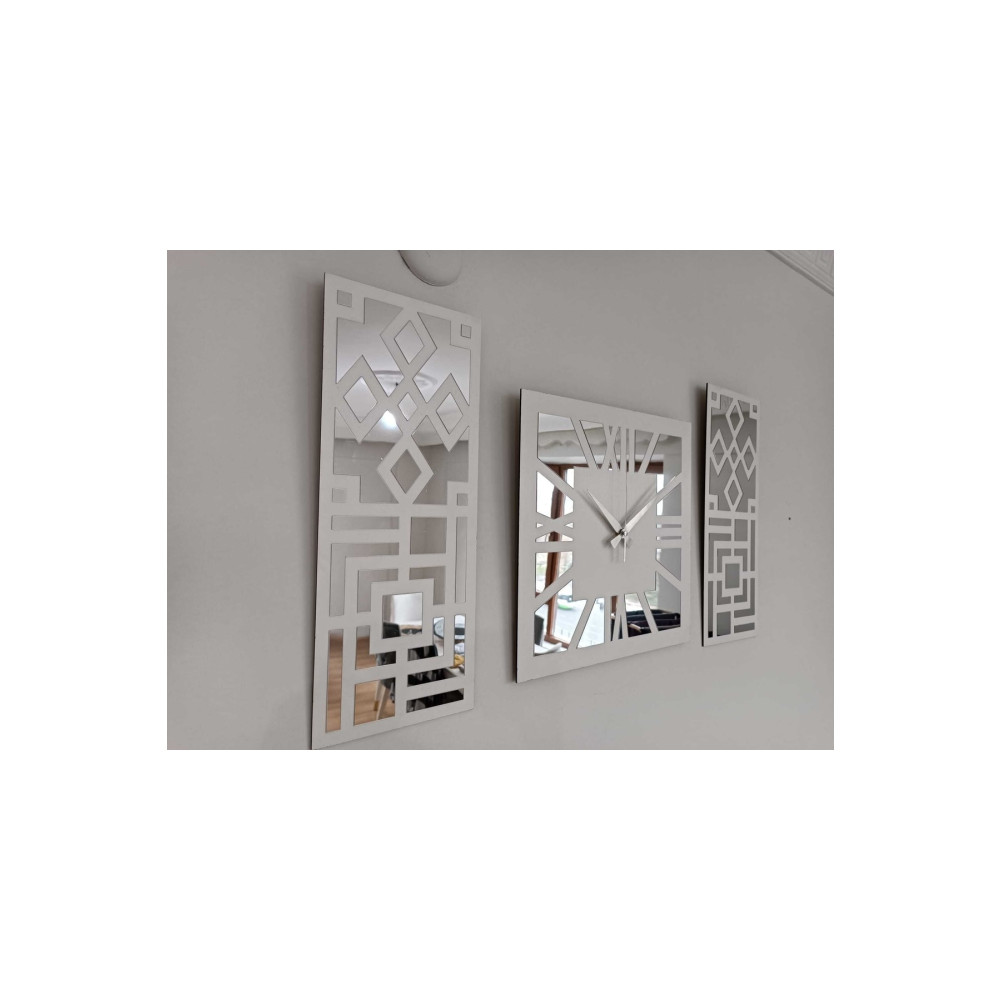 Palm Decor Roma Rakamlı Modern & Şık Tasarım Beyaz Mdf Üzeri Gümüş Renk Aynalı Pleksi 3lü Duvar Saat Seti Duvar Saati Fiyatı