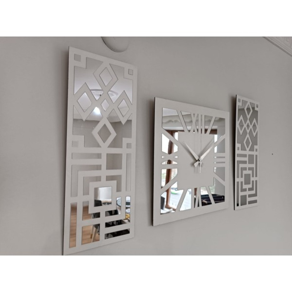 Palm Decor Roma Rakamlı Modern & Şık Tasarım Beyaz Mdf Üzeri Gümüş Renk Aynalı Pleksi 3lü Duvar Saat Seti - Beyaz - Gümüş Dekoratif Saat Fiyatı