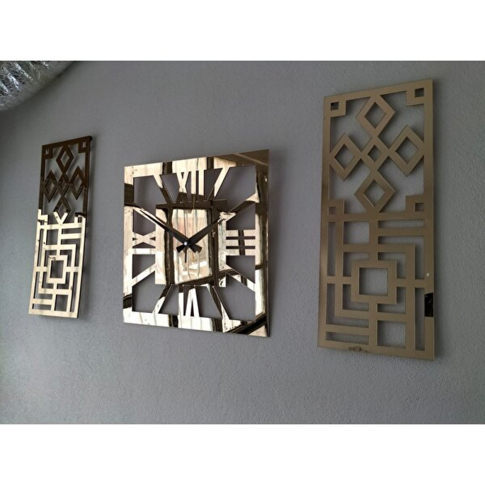 Palm Decor Roma Rakamlı Modern & Şık Tasarım Mdf Üzeri Gold Renk Aynalı Pleksi 3lü Duvar Saat Seti - 70 x 50 x 5 cm Dekoratif Saat Fiyatı