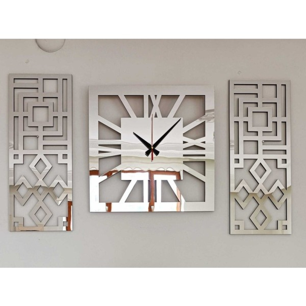 Palm Decor Roma Rakamlı Modern & Şık Tasarım Mdf Üzeri Gümüş Renk Aynalı Pleksi 3lü Duvar Saat Seti Dekoratif Saat Fiyatı