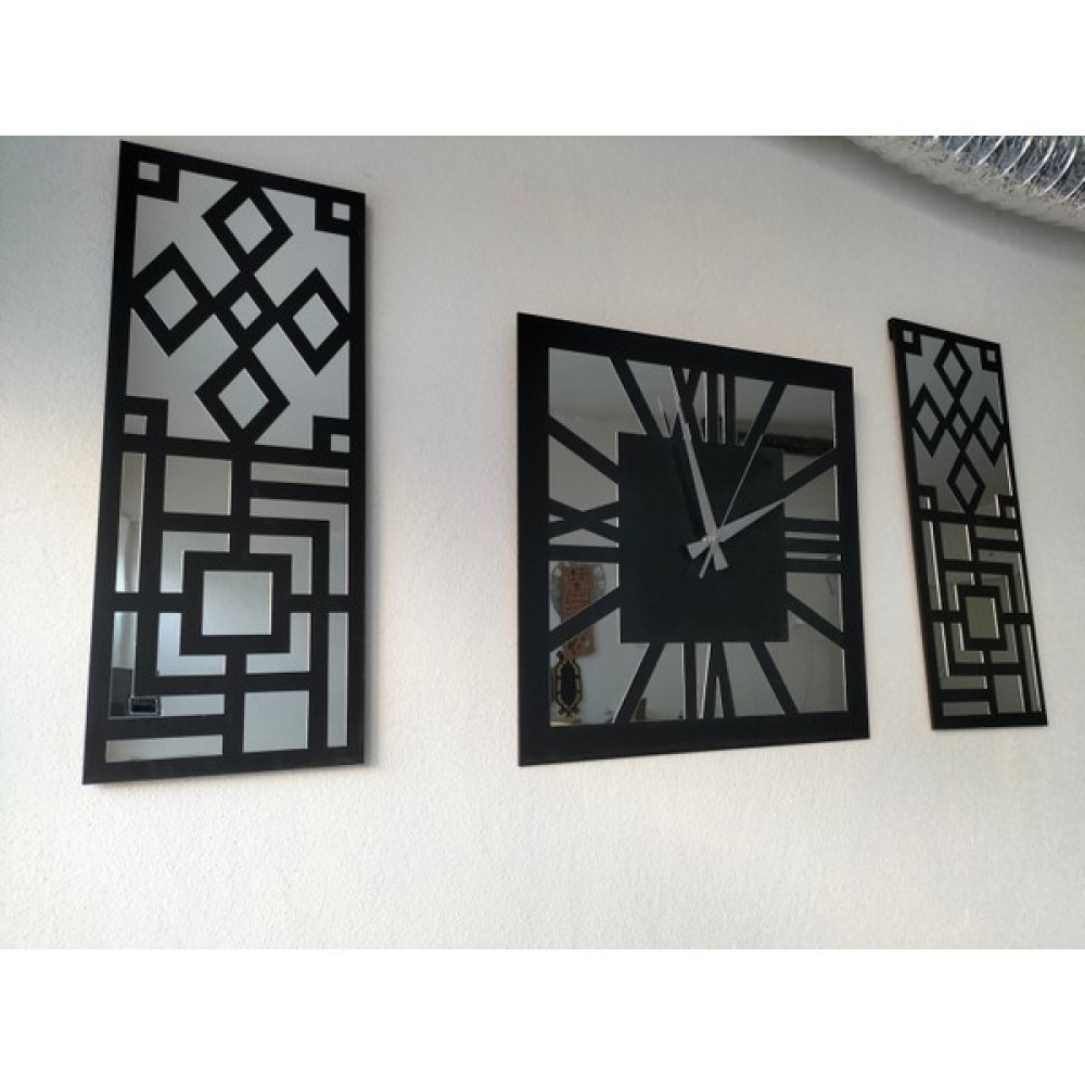 Palm Decor Roma Rakamlı Modern & Şık Tasarım Mdf Üzeri Gümüş Renk Aynalı Pleksi 3lü Duvar Saat Seti - Siyah - Gümüş Dekoratif Saat Fiyatı