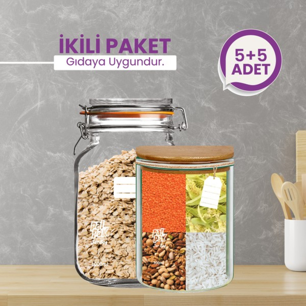 Palpak 2 Boy Kavanoz Görünümlü Saklama Poşeti 5 x 700 ml / 5 x 1000 ml Saklama Kapları Fiyatı