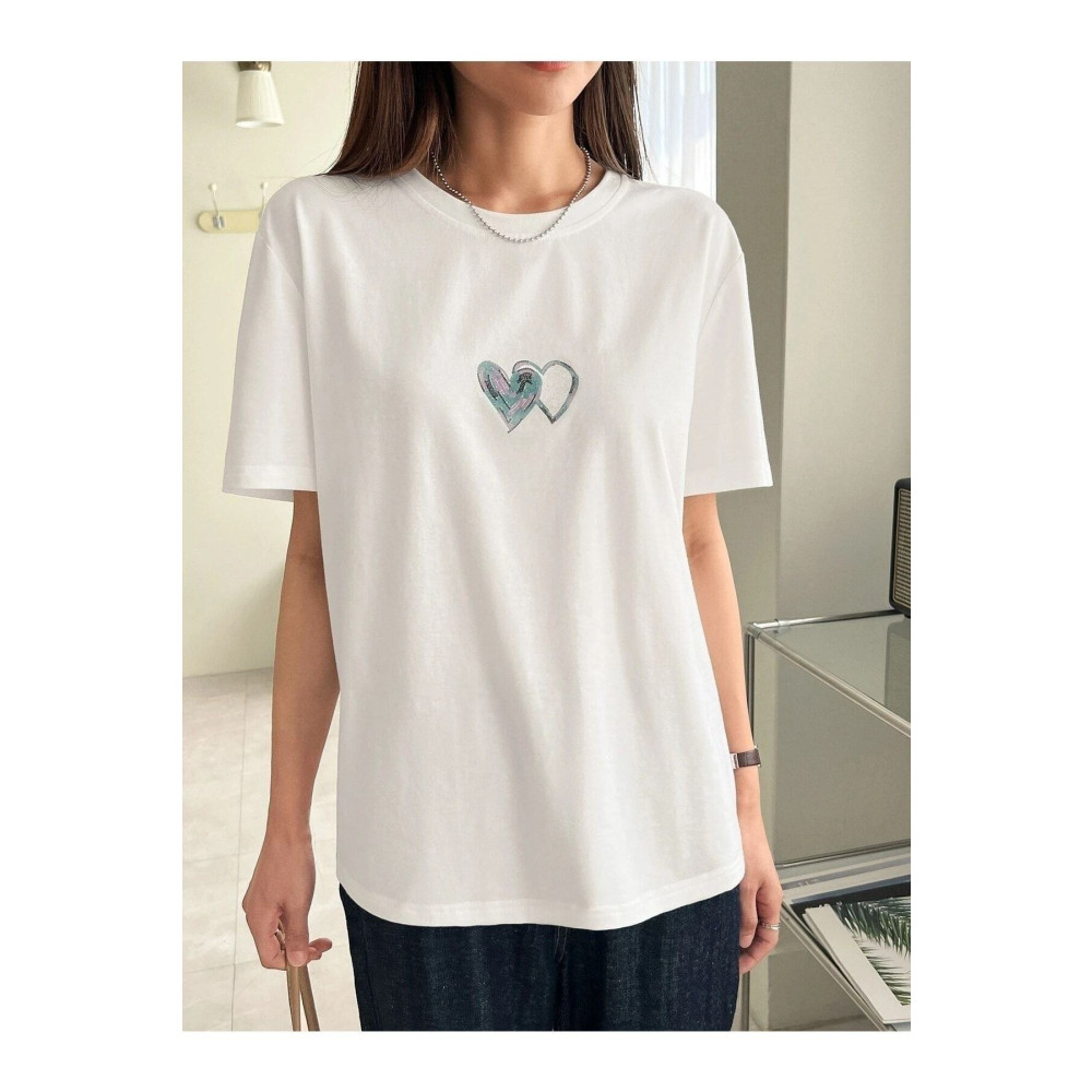 PALPİTO Kadın Beyaz Çift Kalp Baskılı Oversize T-Shirt M Beden Bayan T-shirt Fiyatı