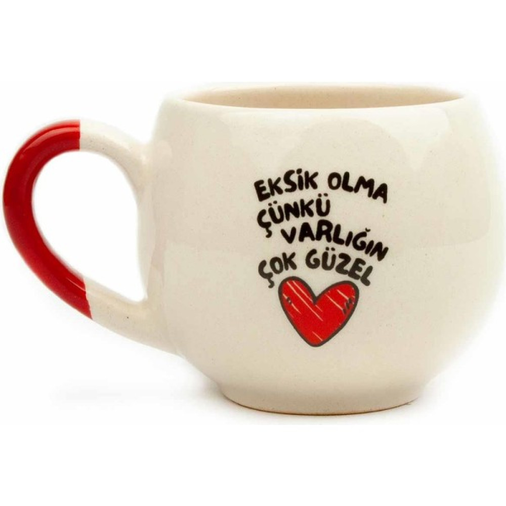Palto Tasarım Eksik Olma Çünkü Varlığın Çok Güzel Krem Parlak Balon Kupa (Kırmızı Kulp) - Hediye Seramik Kupa Fincan / Bardak / Kahve Takımı Fiyatı