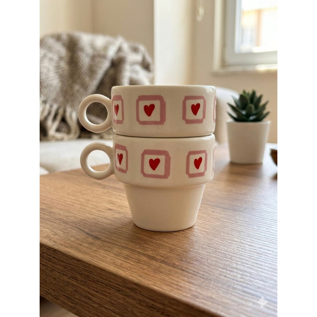 Palto Tasarım Kalp Kutucuk Tasarımlı 2'li Espresso Bardak Seti - Hediye Seramik Fincan - 1 Adet Fincan / Bardak / Kahve Takımı Fiyatı