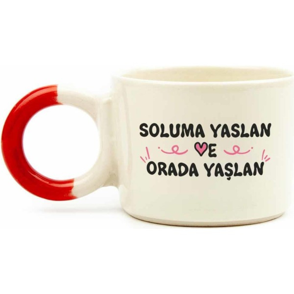 Palto Tasarım Soluma Yaslan ve Orada Yaşlan Krem Parlak Düğüm Kulp Fincan (Kırmızı Kulp) - Hediye Seramik Fincan Fincan / Bardak / Kahve Takımı Fiyatı