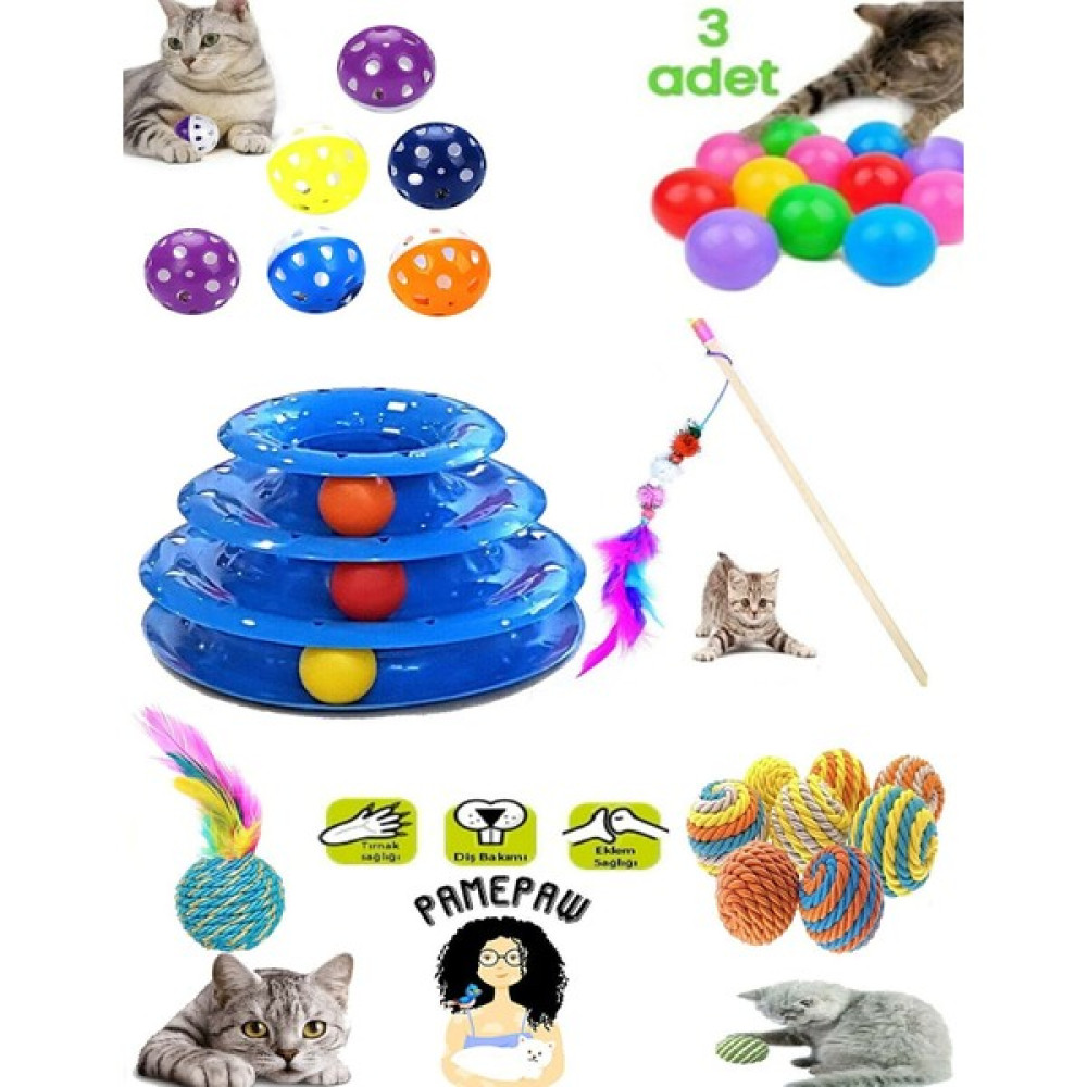 Pamepaw 8'li Set: Sarma Topu+3'lü Renkli Top+Oyun Topu Tüylü + Kedi Oltası+3 Katlı Oyuncak +Çıngıraklı Top Evcil Hayvan Ürünleri Fiyatı