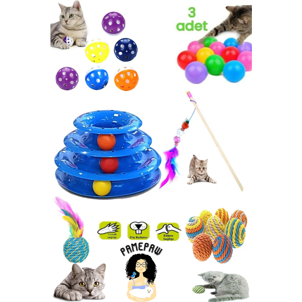PAMEPAW 8li Set: Sarma Topu+3lü Renkli Top+oyun Topu Tüylü + Kedi Oltası+3 Katlı Oyuncak +çıngıraklı Top Evcil Hayvan Ürünleri Fiyatı