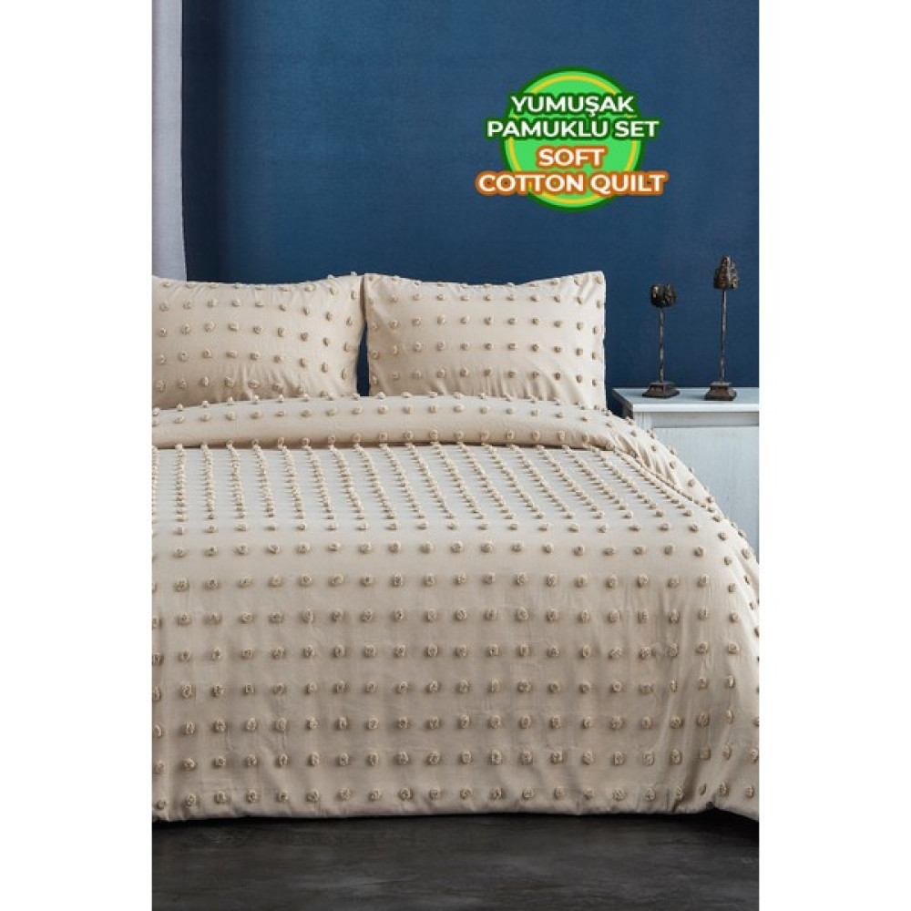 Pamuklu Emmy Yatak Örtüsü Seti Günlük Çift ( Taraflı ) Kişilik Boho 3 Parça Dolgulu Tufting - Bej - 240 x 250 cm Yatak Örtüsü Fiyatı