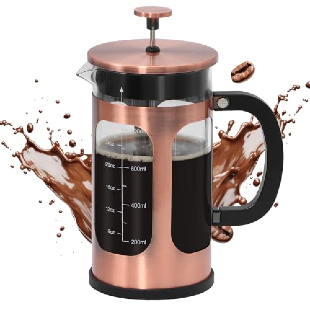 Panana 34 Ounce 1 Liter French Press Coffee Maker, Heat Resistant Borosilicate Glass Coffee Press, Cold Brew Coffee Pot Tea Press for Kitchen, Stainless Steel (Copper)