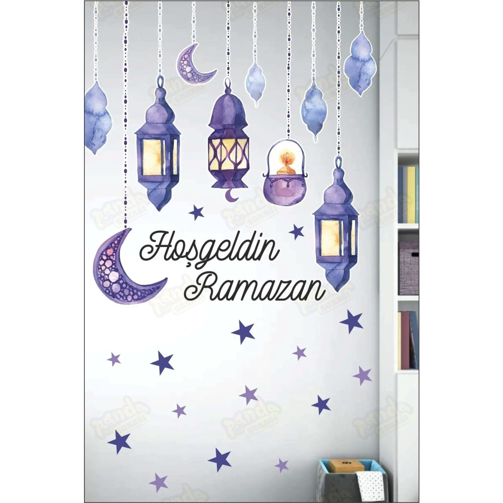 PANDA SOKAĞI Hoşgeldin Ramazan Soft Mor Temalı Fener Sarkıt Cam Duvar Dekorasyon Sticker Seti - Ramazan Süsü 1 Beden Duvar Stickerı Fiyatı