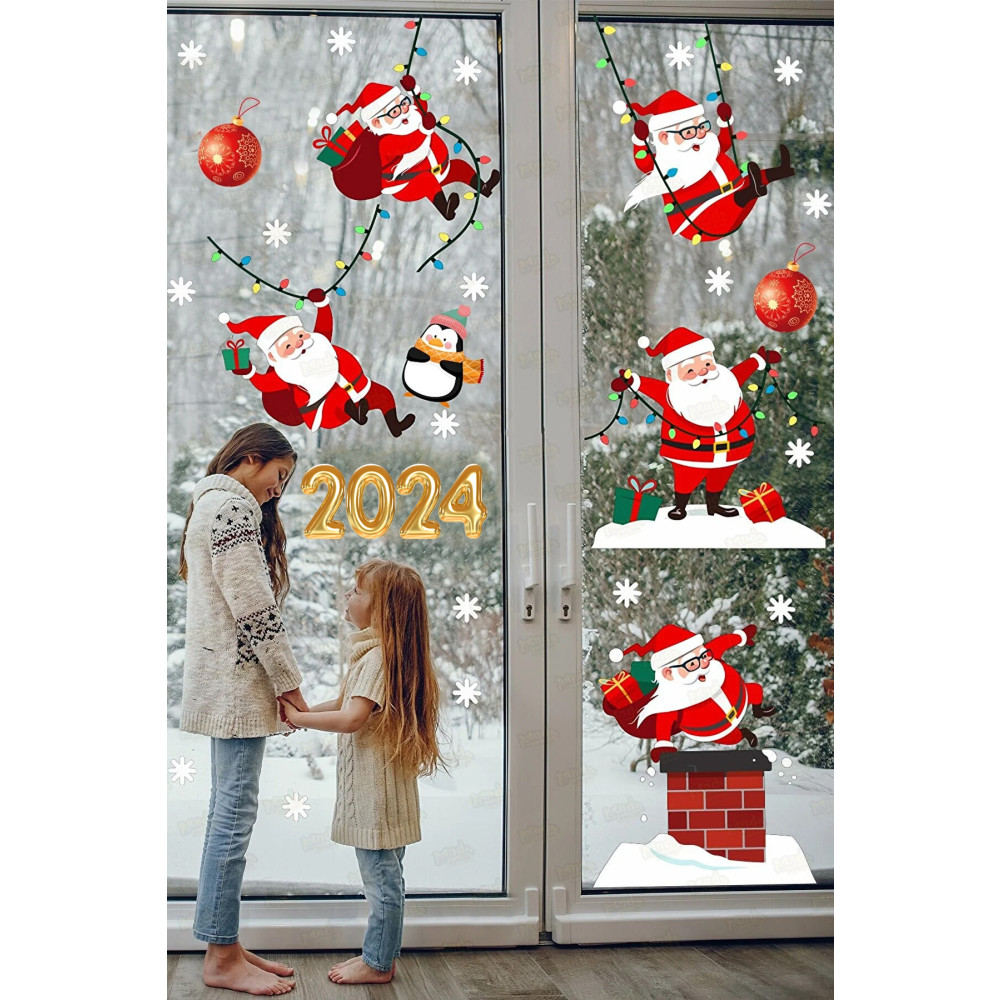 PANDA SOKAĞI Yılbaşı Sticker 2024 Yeni Yıl Sevimli Noel Baba Ve Kar Taneleri Çocuk Bebek Odası Cam Duvar Seti. 55 x 62 Beden Duvar Stickerı Fiyatı