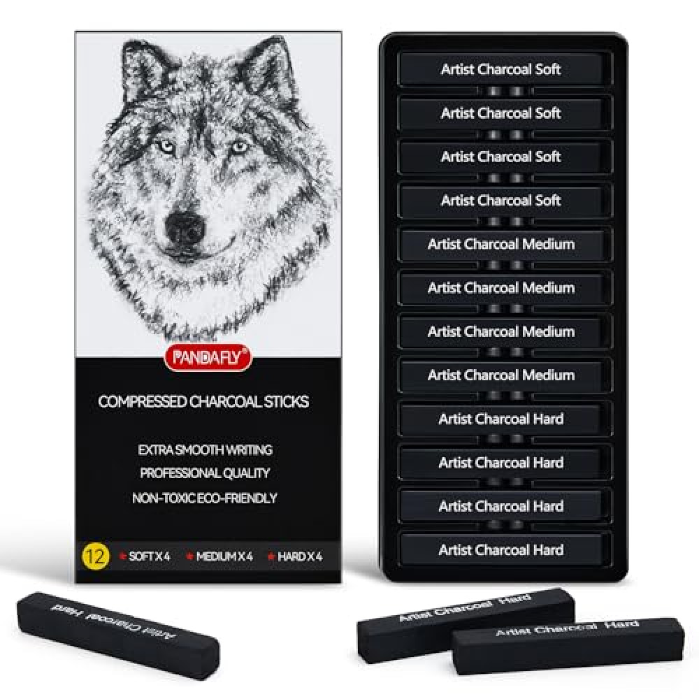 PANDAFLY Compressed Charcoal Sticks, 12 Pieces (Soft, Medium, Hard) Square Vine Charcoal Sticks for Drawing, Sketching, Shading, Charcoal Drawing Set for Beginners & Pro Artists