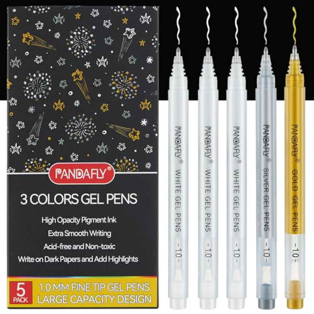 PANDAFLY Gold Silver White Gel Pens, 1mm Extra Fine Point White Pen for Art Highlight & Artists Drawing, Opaque Archival Ink Pens for Black Paper Drawing, Sketching, Illustration, Card Making, 5 Pack