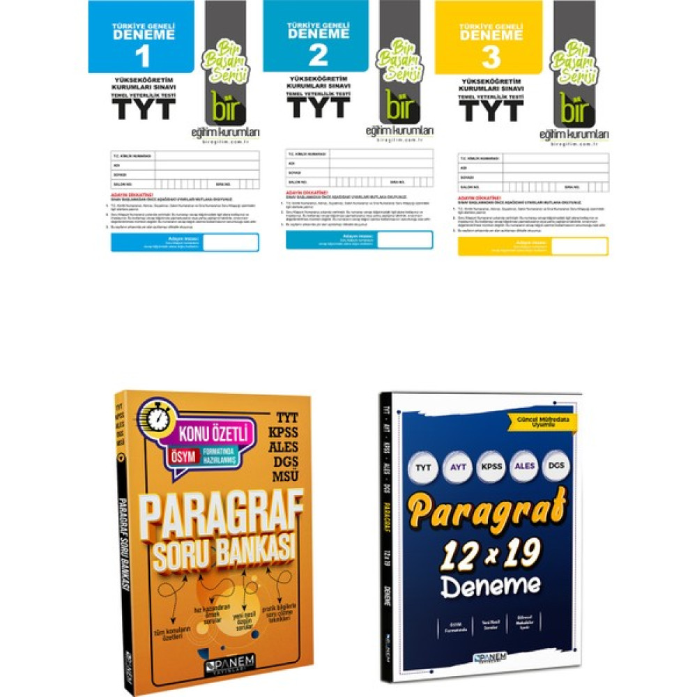Panem Yayınları Bir Eğitim TYT Türiye Geneli 3'lü Deneme + Panem Paragraf Soru Bankası + Paragraf 12X19 Deneme Temel Yeterlilik Testi (TYT) Fiyatı