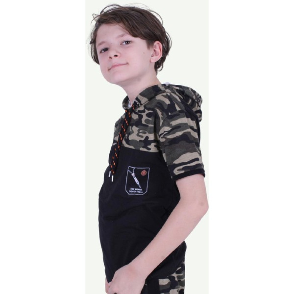 Panio Kids Kapşonlu Kamuflaj Desen Erkek Çocuk T-Shirt Kız Çocuk T-shirt Fiyatı