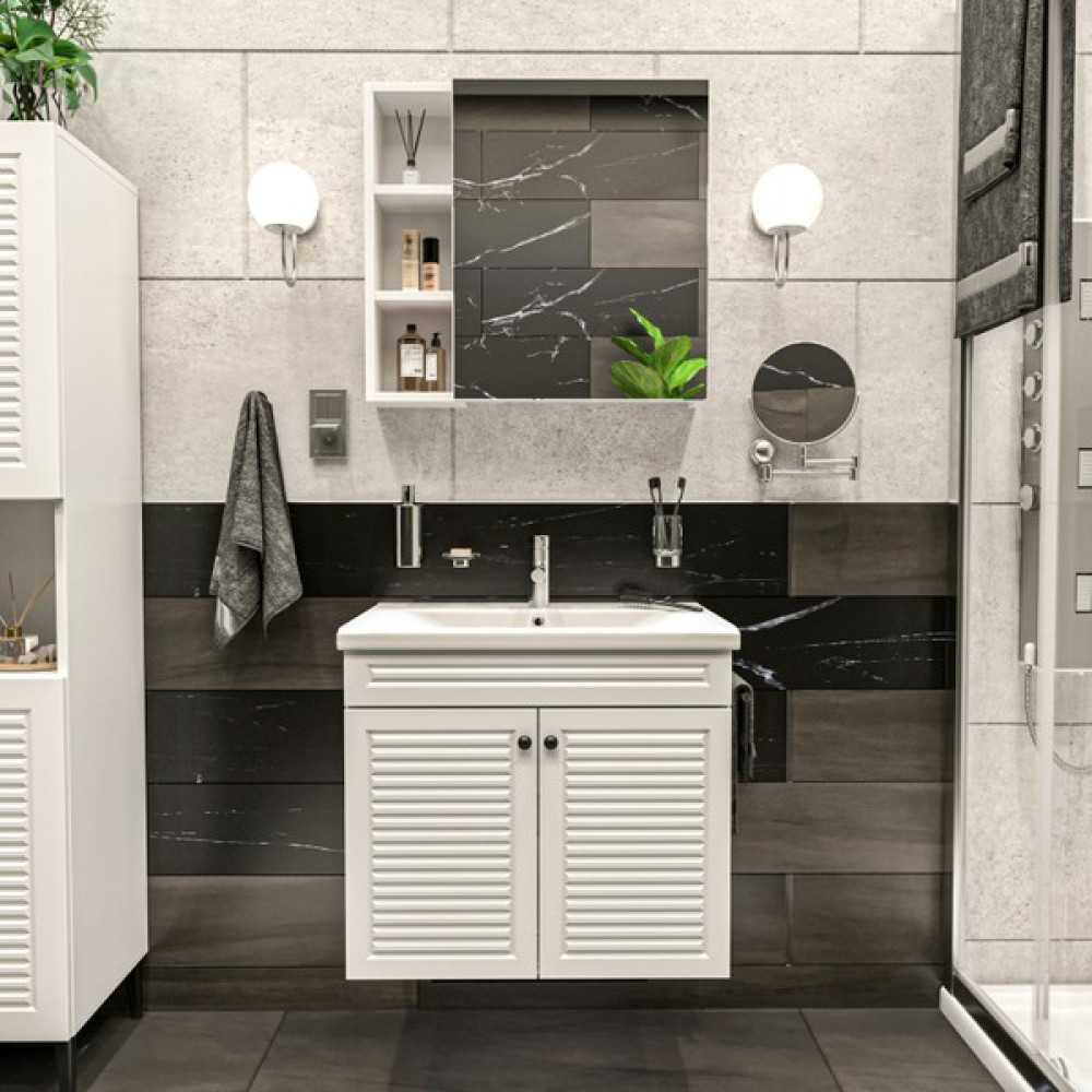 Panjur Kapaklı Aynalı I Lavabolu I Askılı Banyo Lavabo Dolabı Seti I Mat Beyaz Diğer Fiyatı