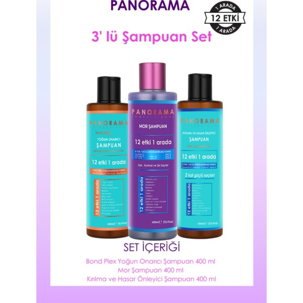 Panorama Professional Mor Şampuan /kırılma ve Hasar Önleyici Şampuan/ Bond Plex Şampuan 3'lü Şampuan Seti / 12 Etki 1 Arada 400 ml X3 Şampuan ve Saç Kremi Fiyatı