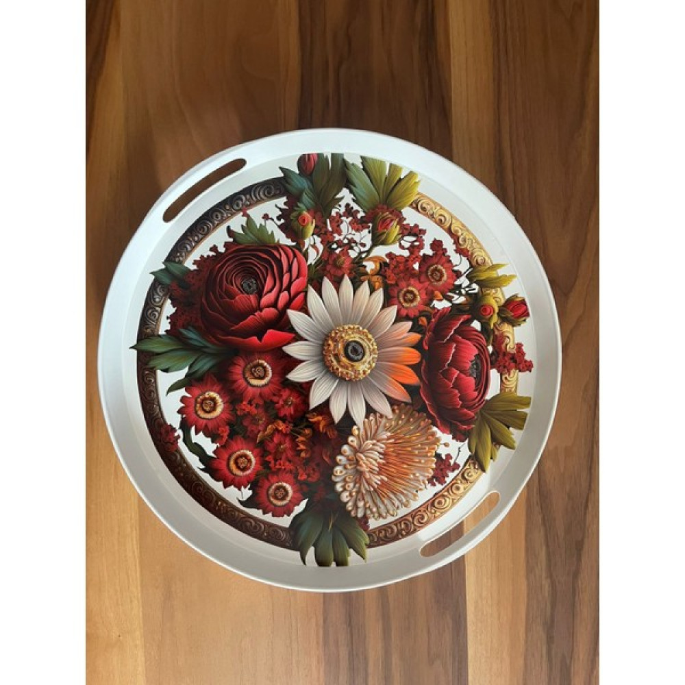 Panoramas Home Yuvarlak Beyaz Özel Baskı Papatya Desen Büyük Boy Servis Çay Sunum Tepsisi Servis Tepsisi Fiyatı