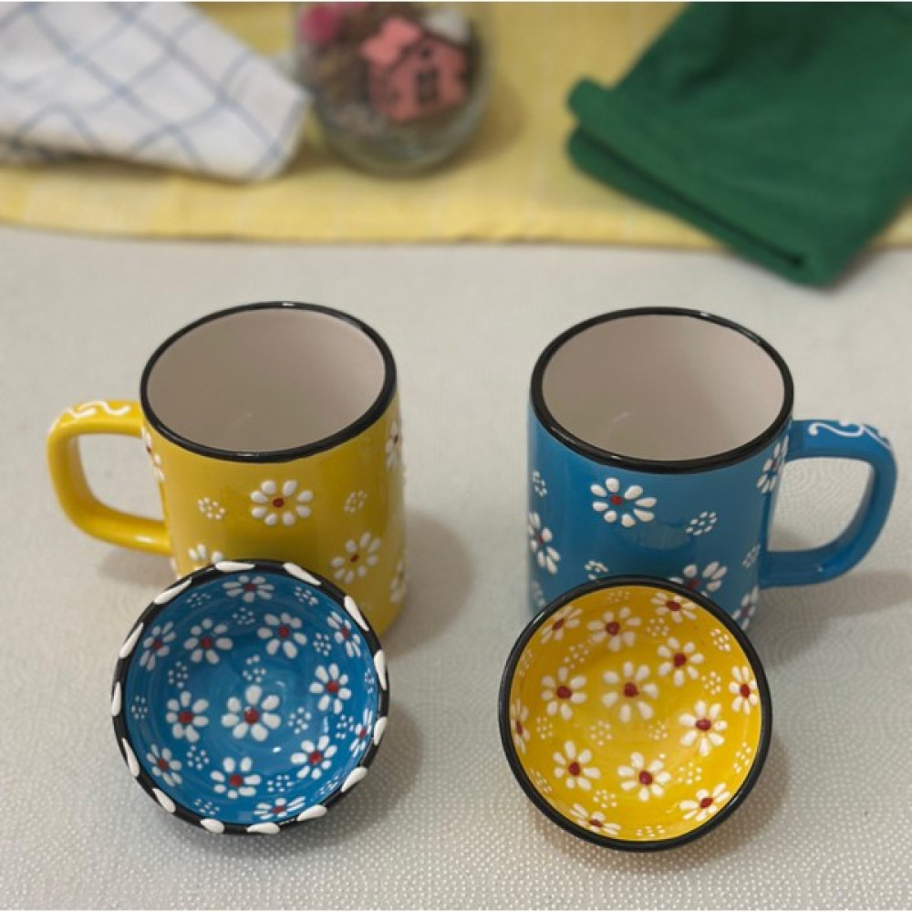 Papatya Çiçek 2 li Çay Kahve Sarı-Mavi Kupa ve 2 Adet Lokumluk Kase - 400 ml - Açık Mavi - Sarı Fincan / Bardak / Kahve Takımı Fiyatı