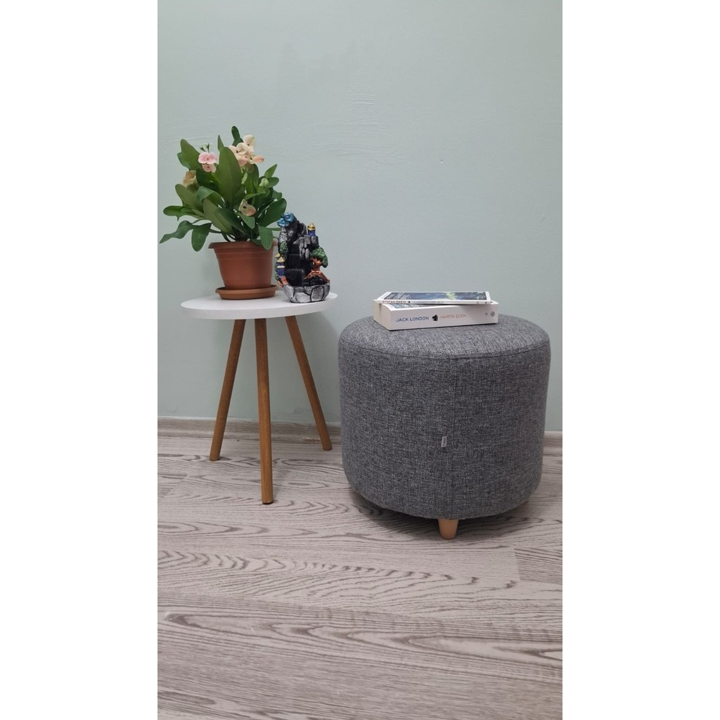 Papuli Ahşap Ayaklı Keten Kumaş Yuvarlak Puf&bench Koltuk/tabure - 40x35 - Açık Gri Koltuk Fiyatı