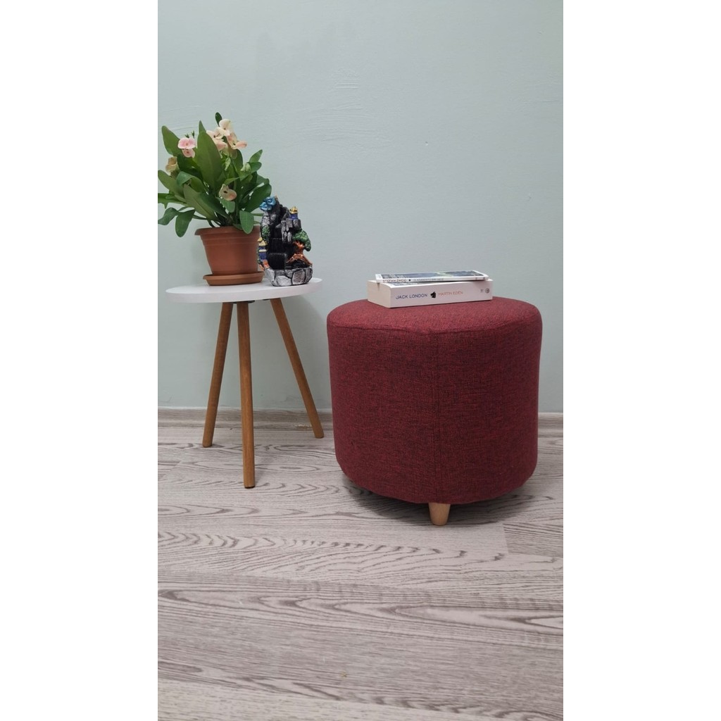 Papuli Ahşap Ayaklı Keten Kumaş Yuvarlak Puf&bench Koltuk/tabure - 40x35 - Bordo Koltuk Fiyatı