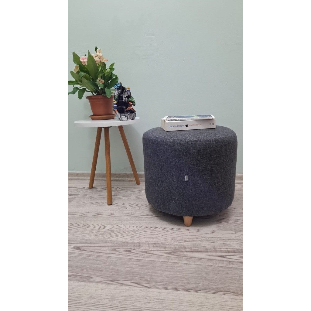 Papuli Ahşap Ayaklı Keten Kumaş Yuvarlak Puf&bench Koltuk/tabure - 40x35 - Koyu Gri Koltuk Fiyatı