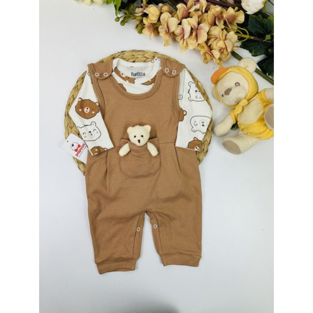 Papyon Baby Kids Ayıcıklı Raporlu Erkek Bebek Badi Salopet Takım 0-3/3-6/6-9 Ay Bebek Tulumu Fiyatı