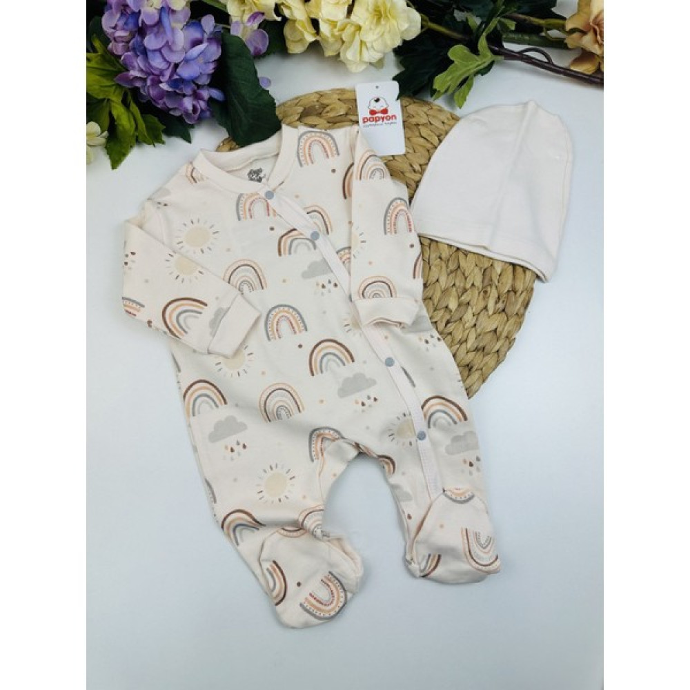 Papyon Baby Kids Gökkuşağı Baskılı Organik Patikli Tulum Bere Set 0-3/3-6 Ay Bebek Tulumu Fiyatı