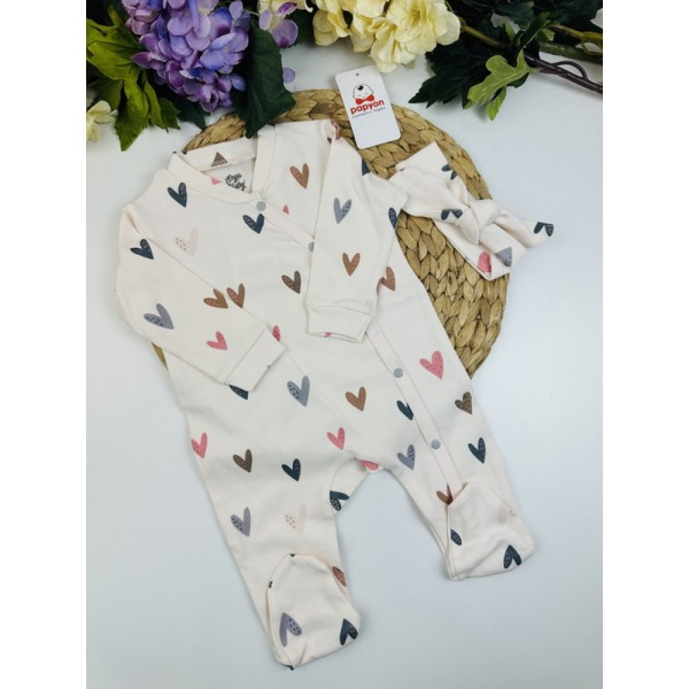 Papyon Baby Kids Kalp Baskılı Organik Kız Bebek Patikli Tulum Bandana Set 0-3/3-6 Ay Kız Çocuk Tulum ve Salopet Fiyatı