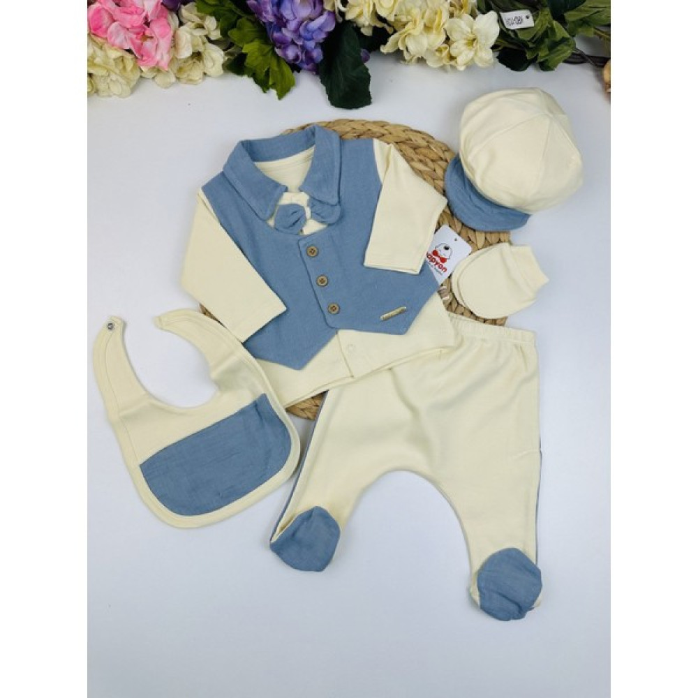 Papyon Baby Kids Sahte Yelekli Papyonlu Erkek Bebek Organik Müslin 5li Zıbın Set Bebek Hastane Çıkışı Fiyatı