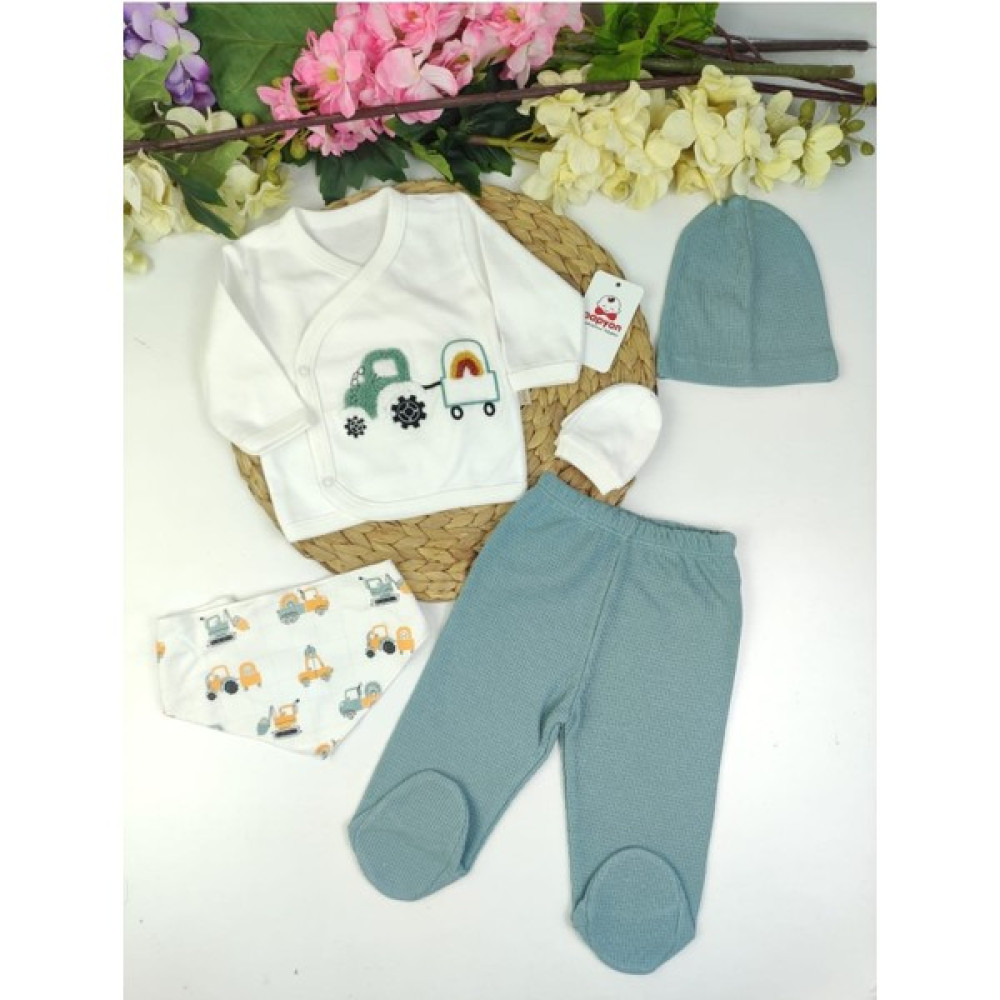 Papyon Baby Kids Traktör Nakışlı Erkek Bebek 5li Zıbın Set Hastane Çıkışı (Mint) Bebek Hastane Çıkışı Fiyatı