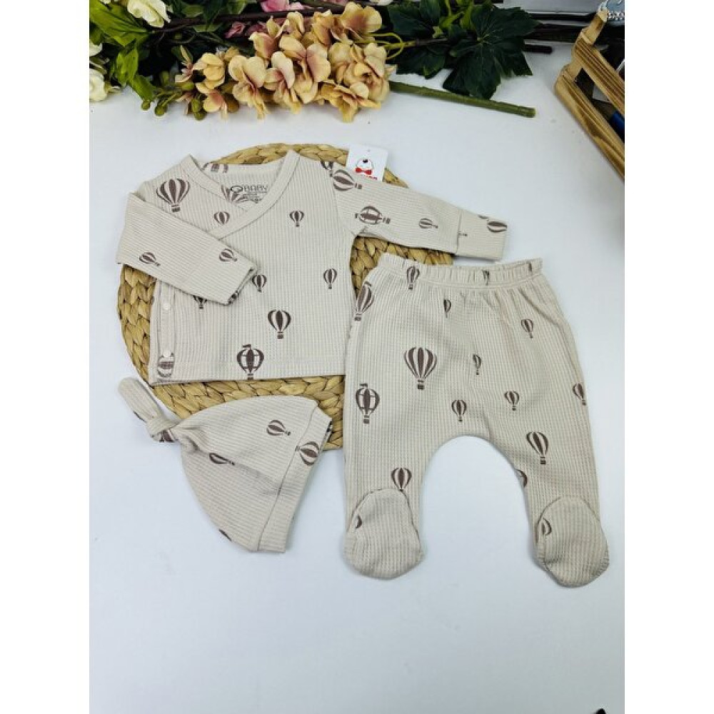 Papyon Baby Kids Waffle Balon Baskılı Erkek Bebek Organik 3lü Zıbın Set Hastane Çıkışı Bebek Hastane Çıkışı Fiyatı