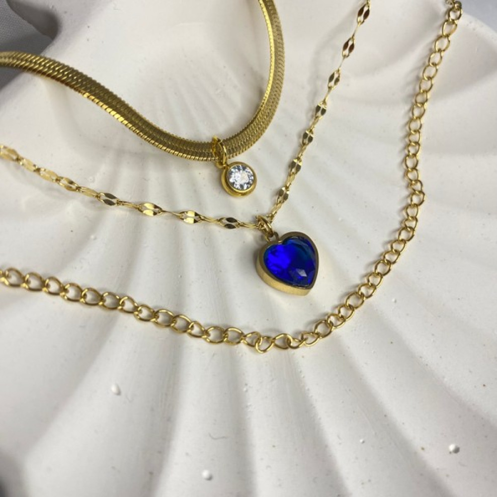 Paradoks Store Üçlü Zincir Okyanus Mavisi Zirkon Taş Kalp Gold Çelik Kolye Altın, Takı & Aksesuar Fiyatı