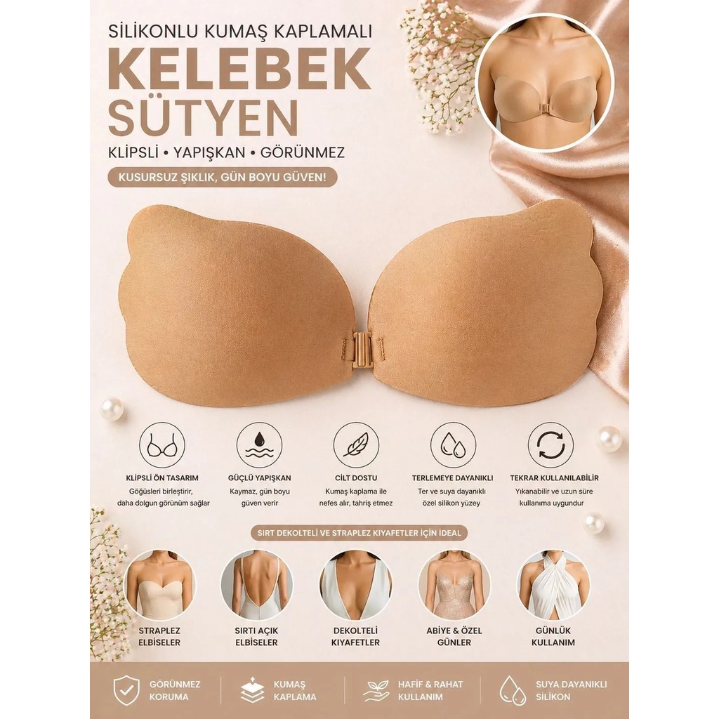 Pareoss Kelebek Model Klipsli Yapışkan Sütyen | Kumaş Kaplamalı Silikon Straplez Görünmez Sütyen | Göğüs Toparlayıcı Dolgunlaştırıcı Diğer Fiyatı