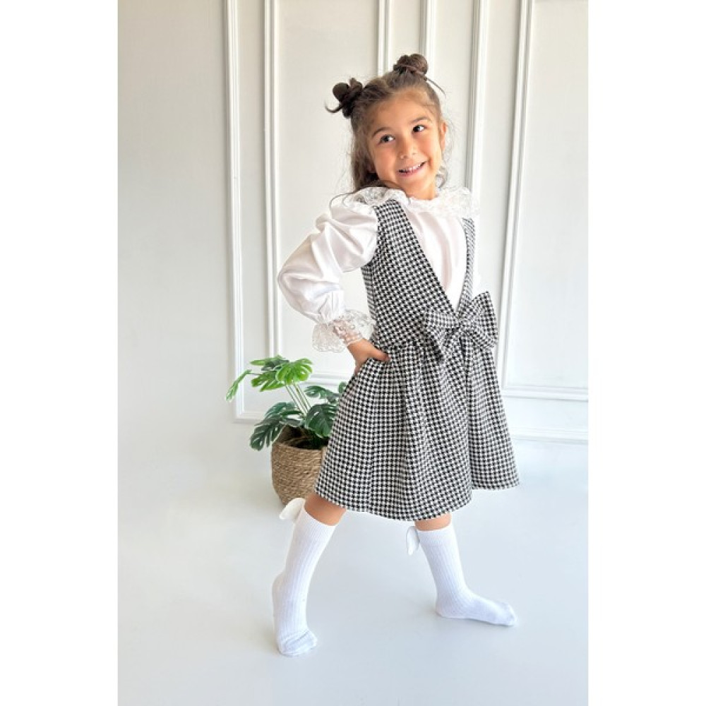 Parla Kids Kız Çocuk Siyah Anna Kazayağı Desenli Fiyonklu Jile Elbise Bandana Takım Kız Çocuk Elbise Fiyatı