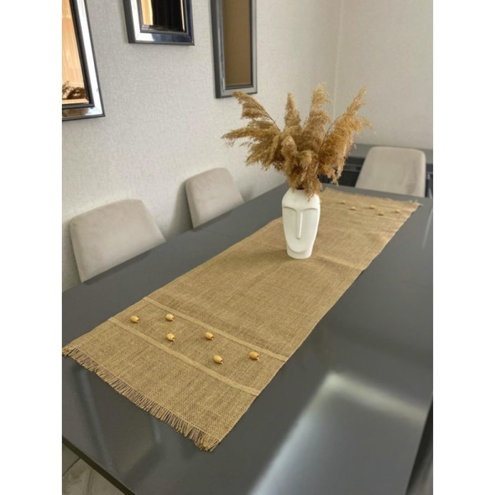 Parla Lifee Boncuk Detaylı Jüt Kumaş Runner 40x140 Cm - Açık Kahverengi - 40 x 140 cm Masa Örtüsü Fiyatı