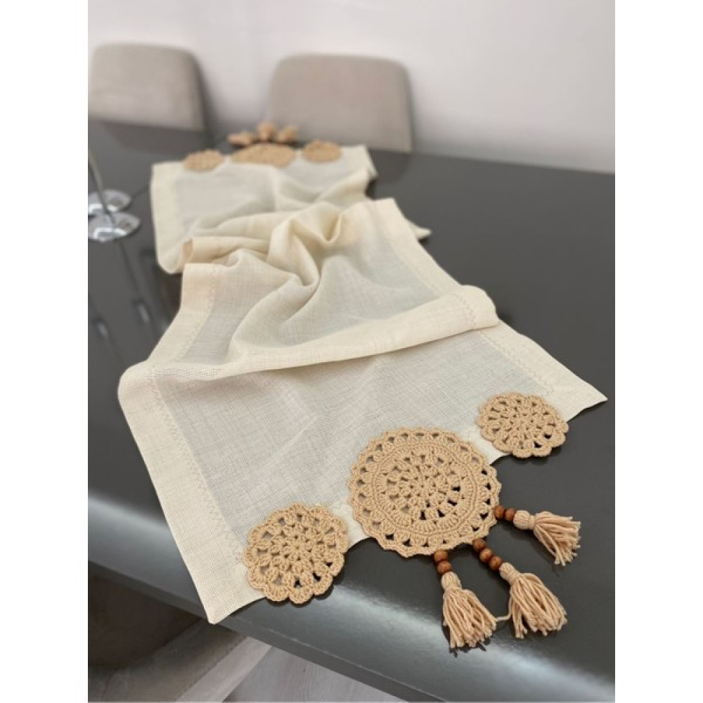Parla Lifee Örgü Motifli Krem Renk Keten Runner 40 x 120 (Özel Ölçü Yapılır) - 40 x 120 cm Masa Örtüsü Fiyatı