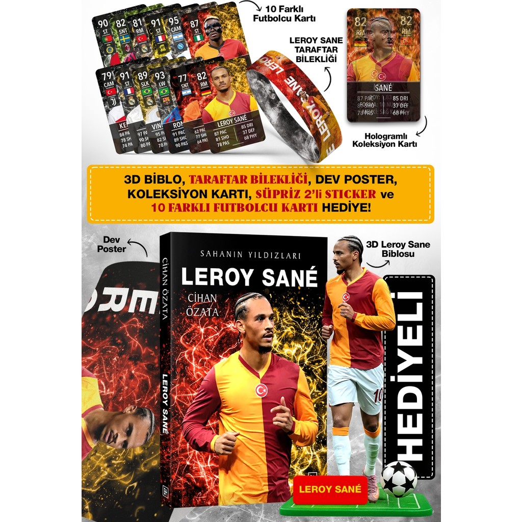 Parodi Yayınları Leroy Sane Futbolcu Kitabı - Bileklik, 3D Biblo, Dev Poster, 10 Futbol Kart ve Koleksiyon Kartı Hediyeli Set Biblo Fiyatı