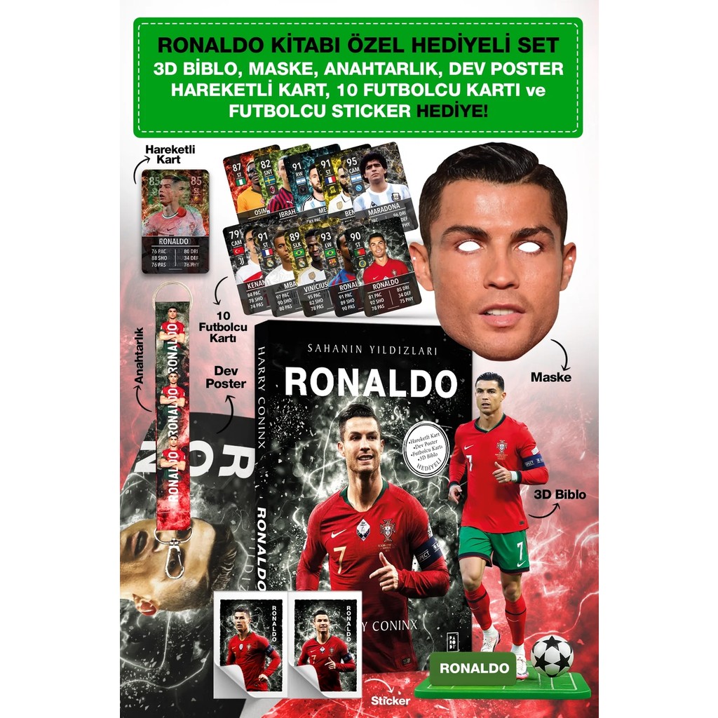 Parodi Yayınları Ronaldo Futbol Kitabı Hediyeli Set - 3D Biblo, Maske, Anahtarlık, Dev Poster, 10 Kart, Sticker, Biblo Fiyatı
