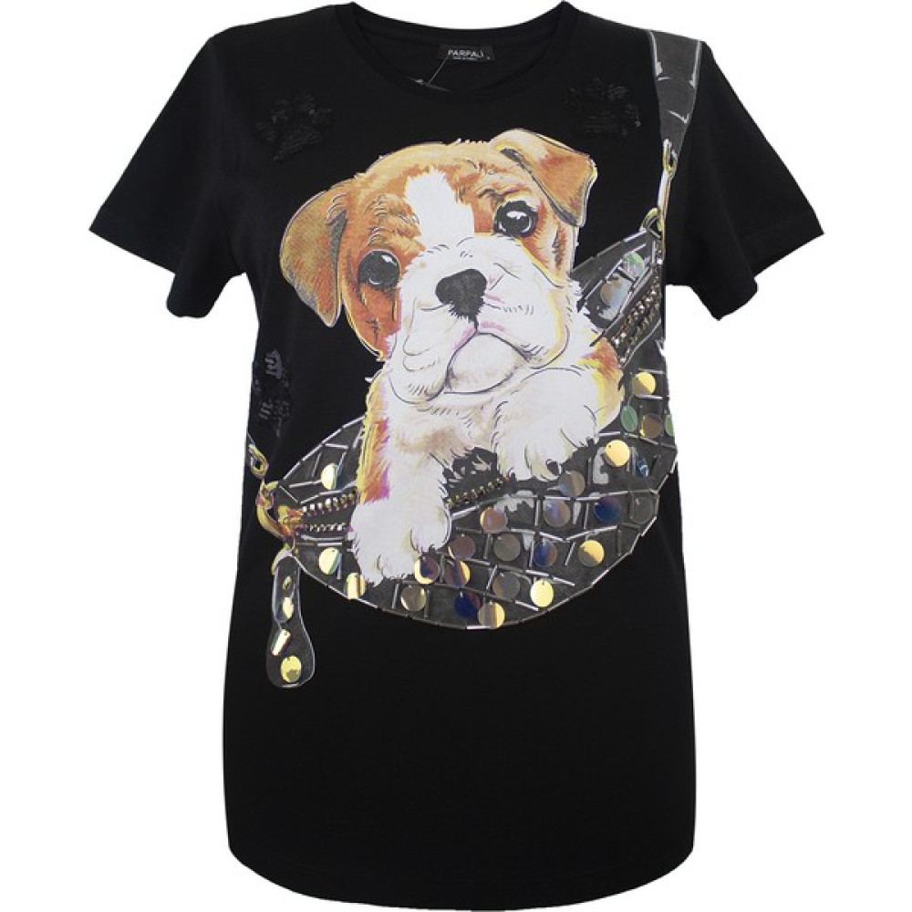 Parpali Kadın Siyah Köpek Taşlı Baskılı Taş İşlemeli Pamuklu Tişört Bayan T-shirt Fiyatı