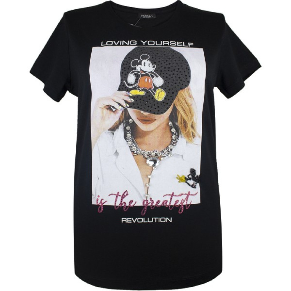 Parpali Kadın Siyah Şapkalı Kız Taşlı Baskılı Taş İşlemeli Pamuklu Tişört Bayan T-shirt Fiyatı
