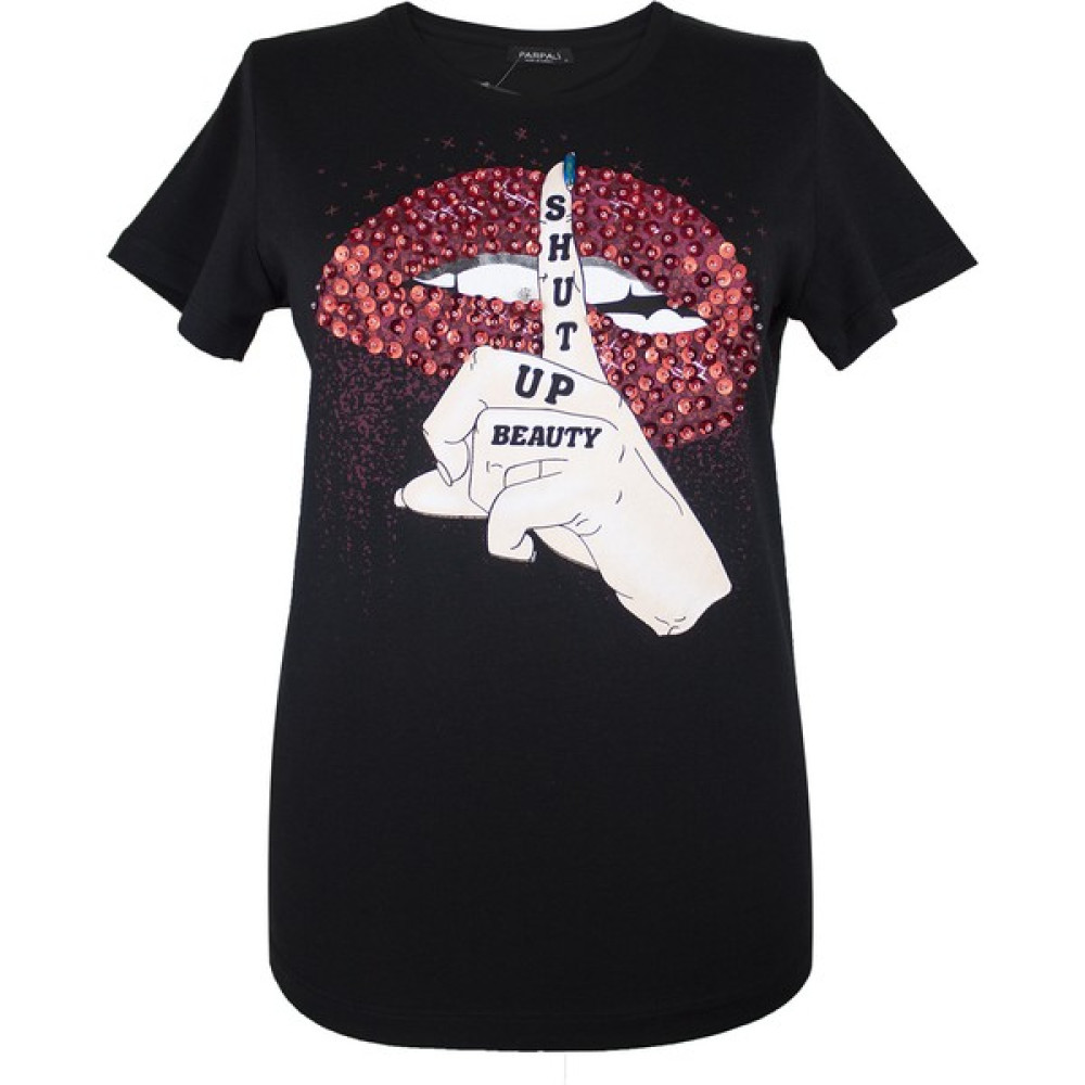 Parpali Kadın Siyah Shut Up Taşlı Baskılı Taş İşlemeli Pamuklu Tişört Bayan T-shirt Fiyatı